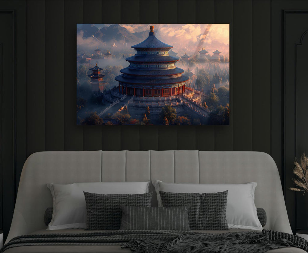 Temple of Heaven at Misty Sunrise Glass Wall Art in a modern interior