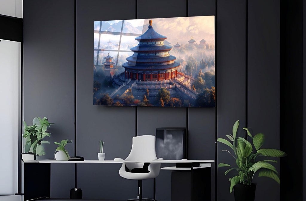 Temple of Heaven at Misty Sunrise Glass Wall Art on the wall