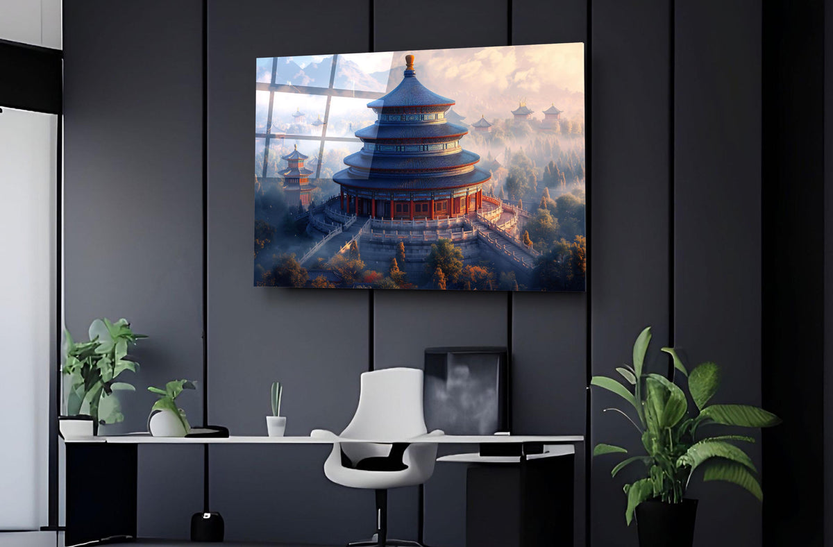 Temple of Heaven at Misty Sunrise Glass Wall Art on the wall