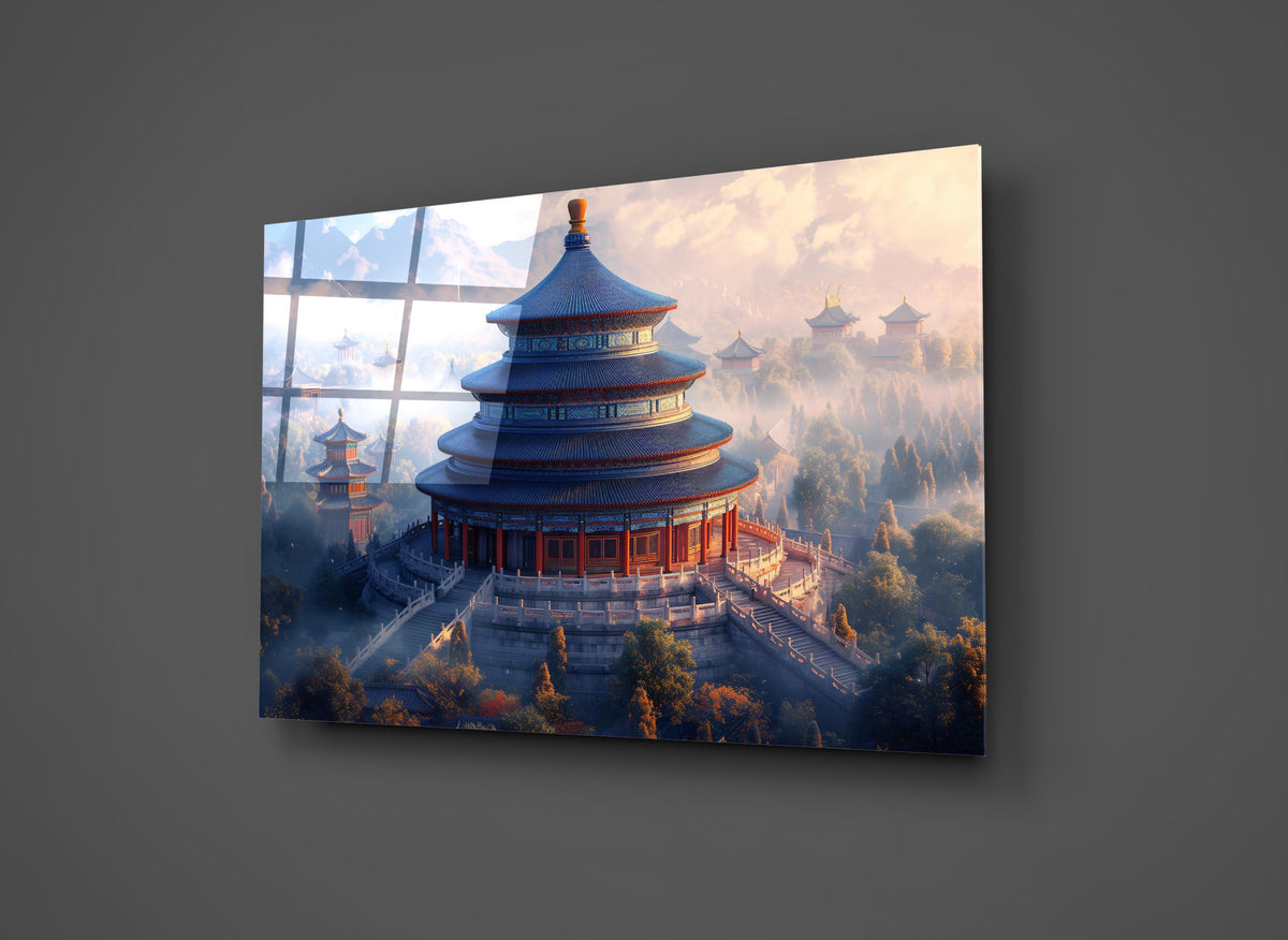 Temple of Heaven at Misty Sunrise Glass Wall Art close-up
