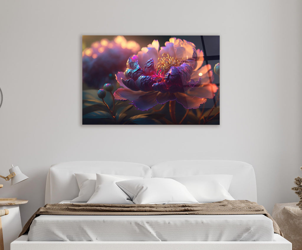 Glowing Purple Peony Bloom Glass Wall Art in a living room interior