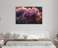 Glowing Purple Peony Bloom Glass Wall Art in a living room interior
