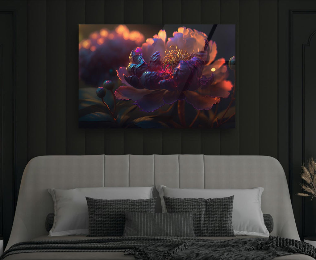 Glowing Purple Peony Bloom Glass Wall Art in a modern interior