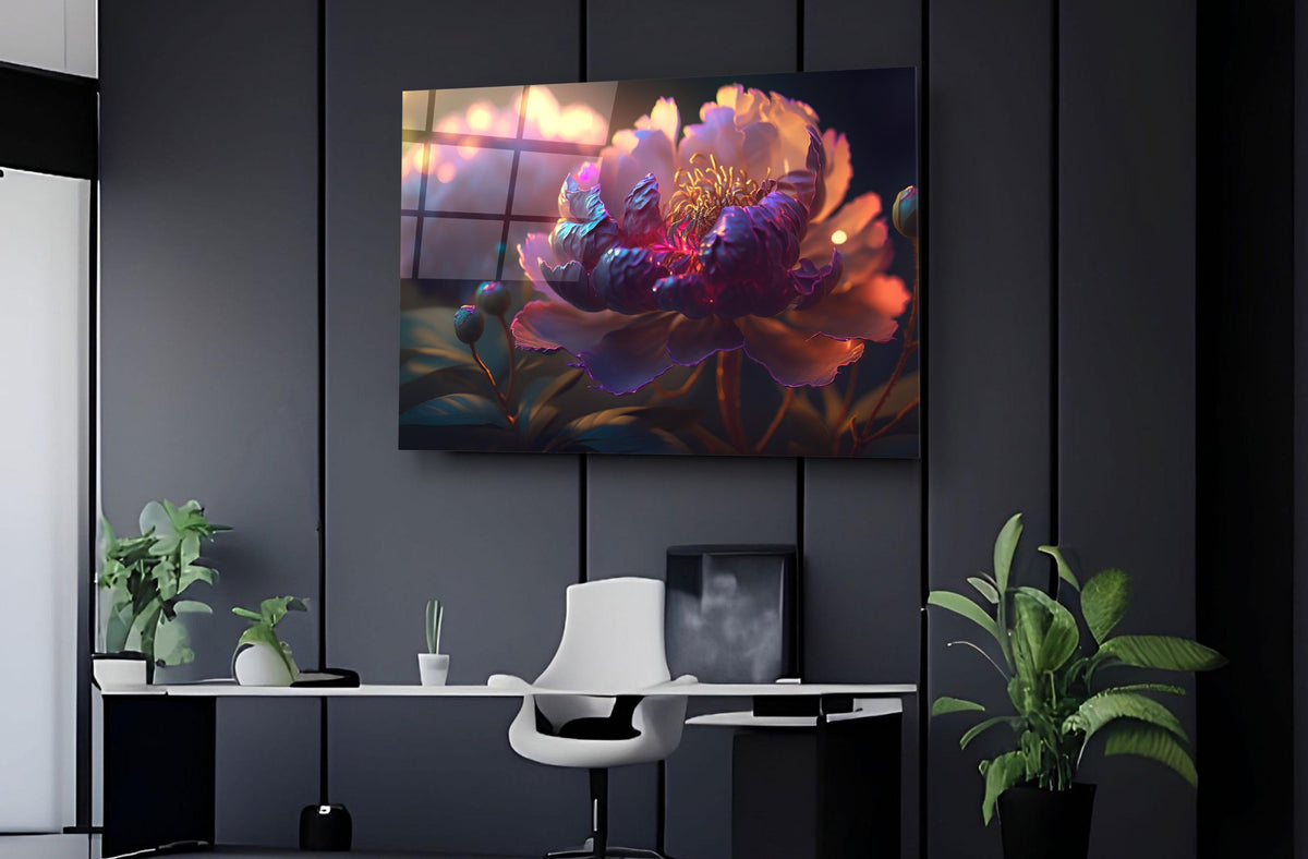 Glowing Purple Peony Bloom Glass Wall Art on the wall