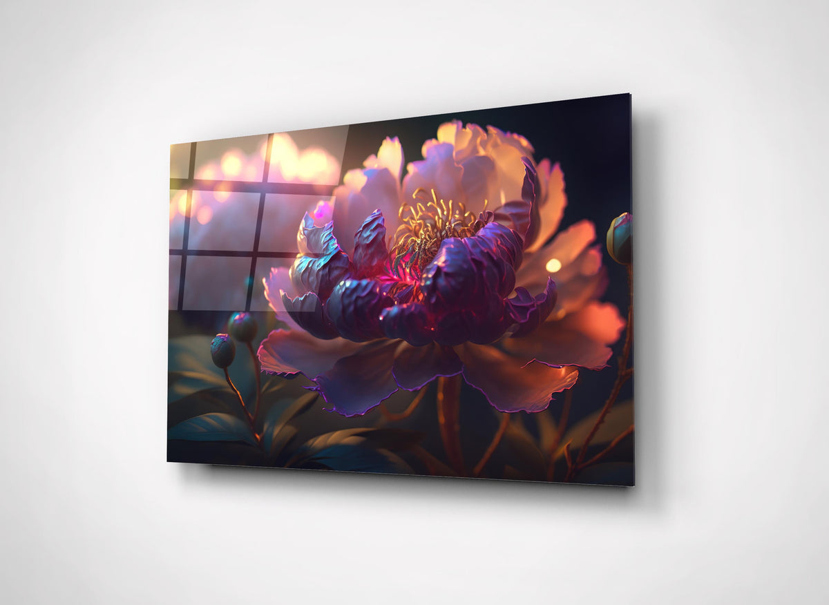 Glowing Purple Peony Bloom Glass Wall Art close-up