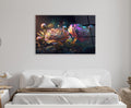 Glowing Fantasy Peonies Glass Wall Art in a living room interior