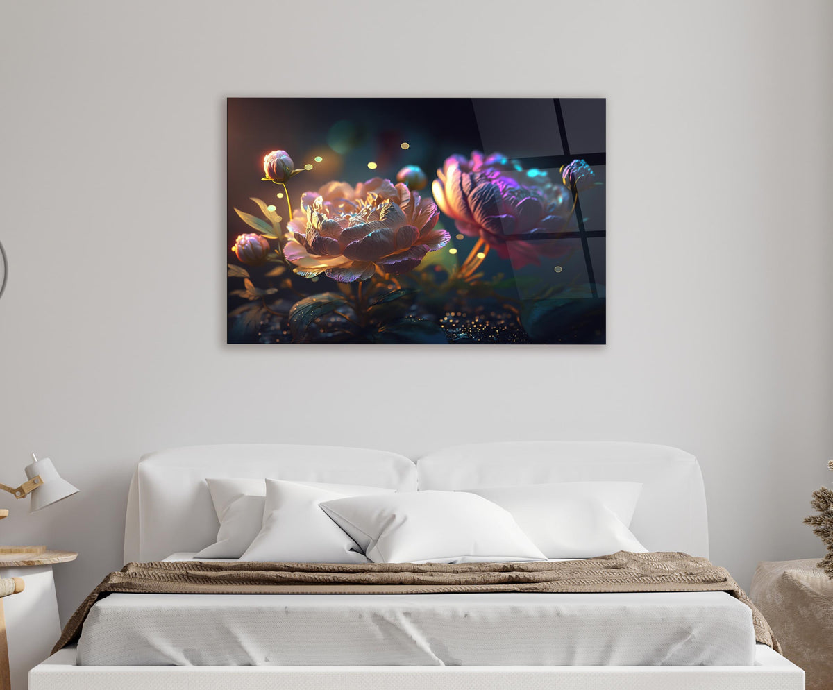 Glowing Fantasy Peonies Glass Wall Art in a living room interior