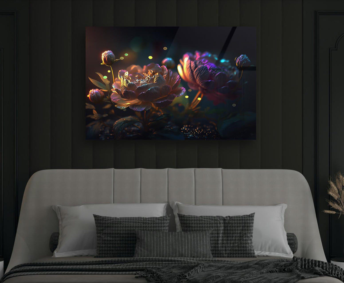 Glowing Fantasy Peonies Glass Wall Art in a modern interior