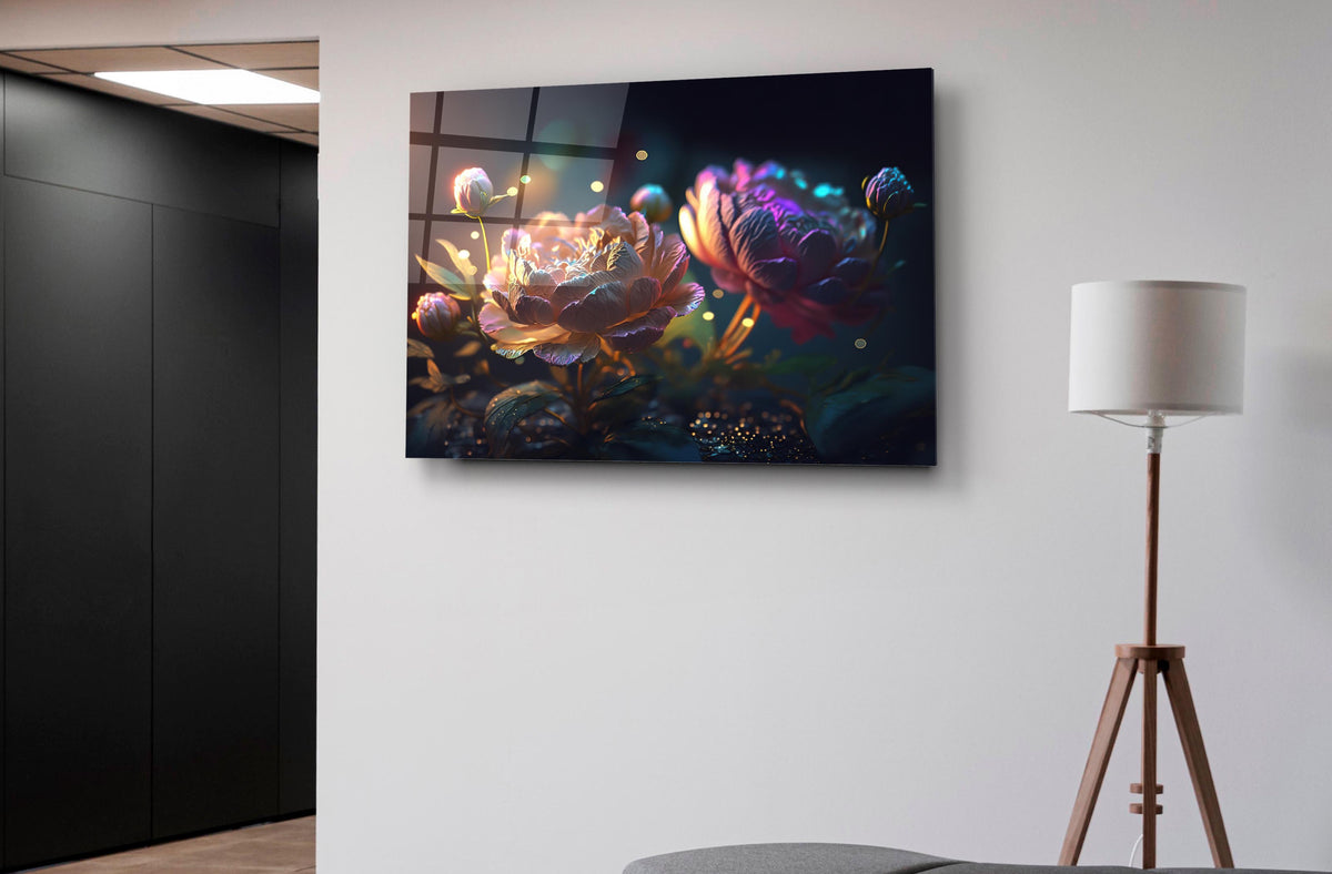 Glowing Fantasy Peonies Glass Wall Art on the wall