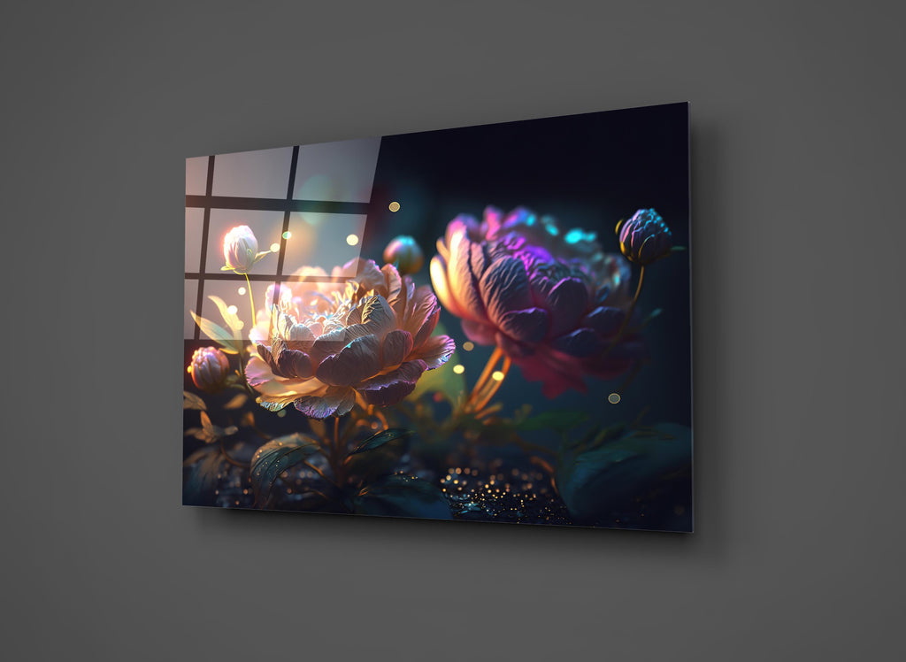 Glowing Fantasy Peonies Glass Wall Art close-up