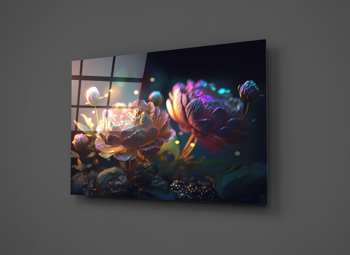 Glowing Fantasy Peonies Glass Wall Art close-up