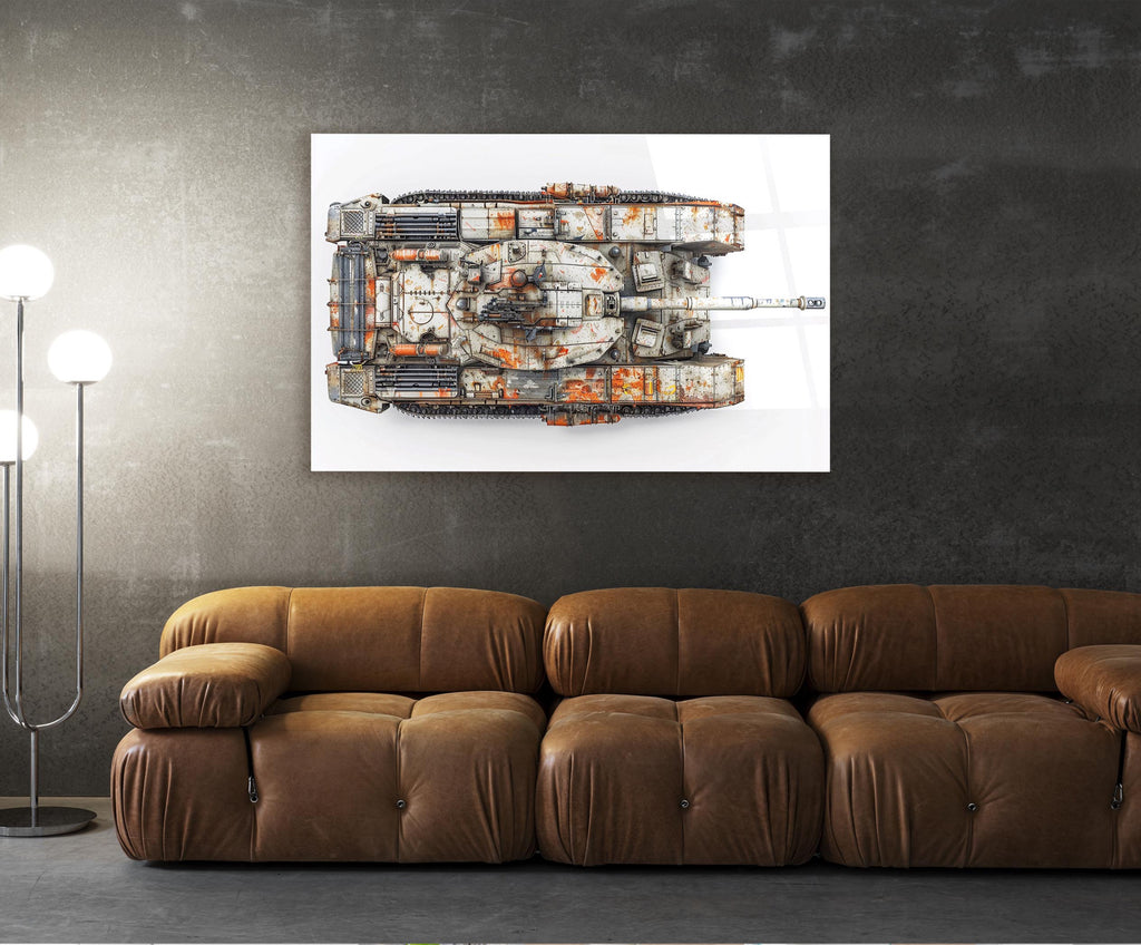 Weathered White Tank Top View Glass Wall Art in a living room interior