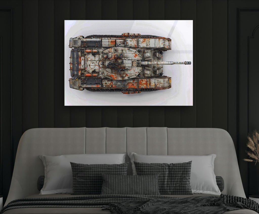 Weathered White Tank Top View Glass Wall Art in a modern interior