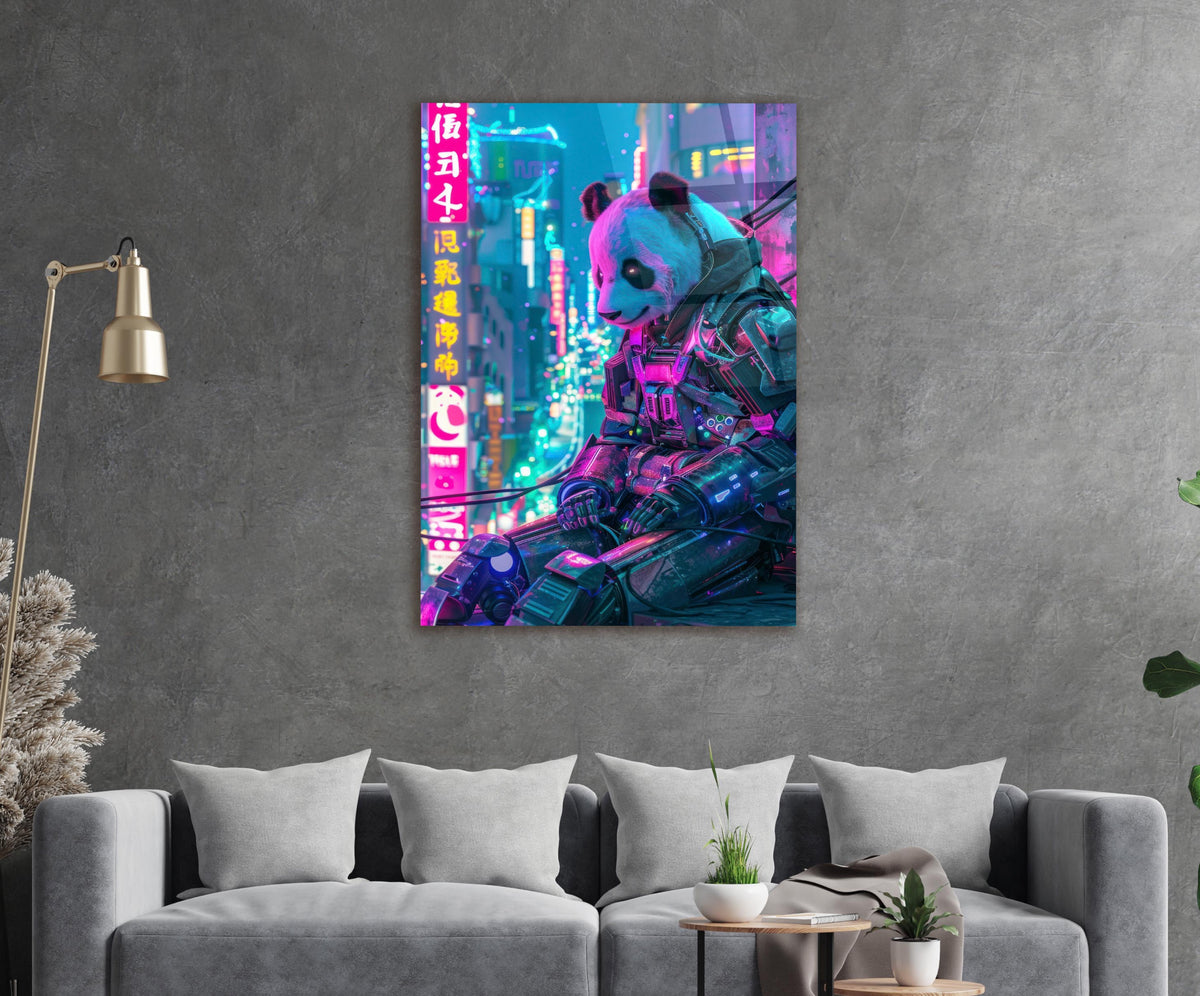 Cyberpunk Panda Mech Neon City Glass Wall Art in a living room interior