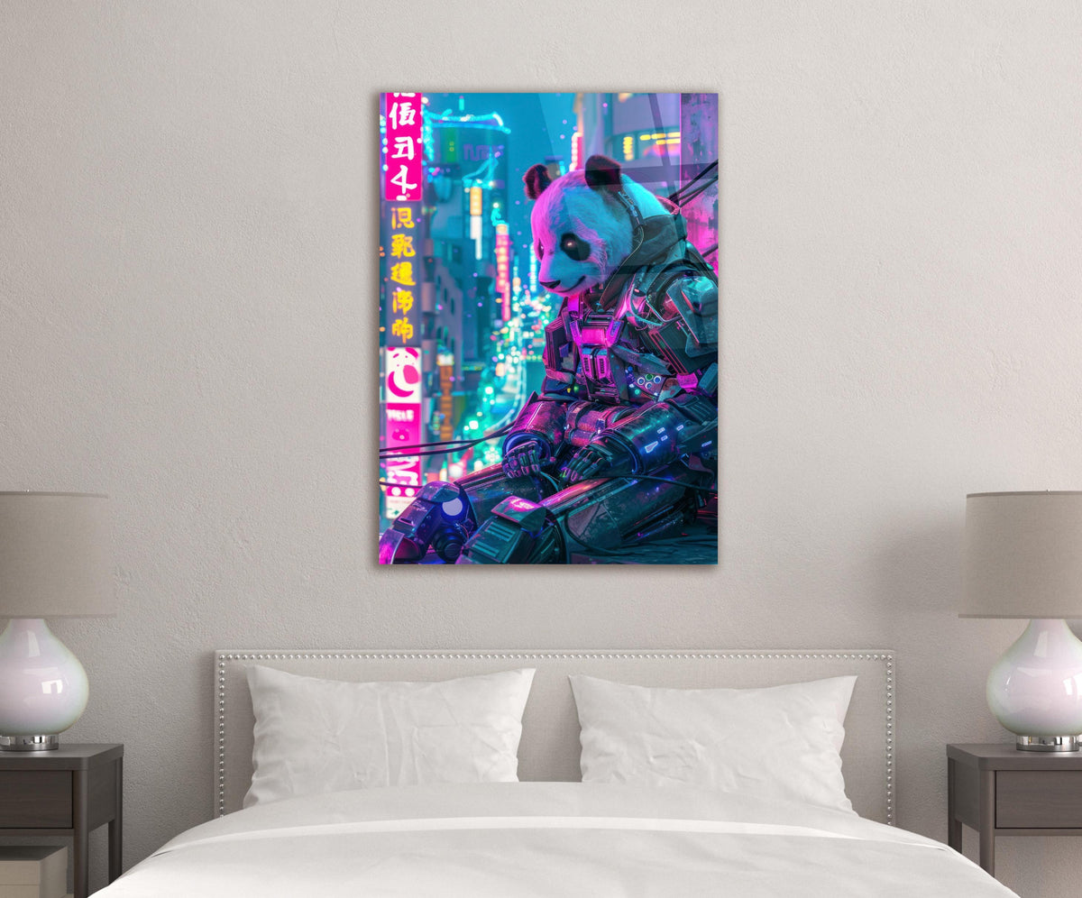 Cyberpunk Panda Mech Neon City Glass Wall Art in a modern interior