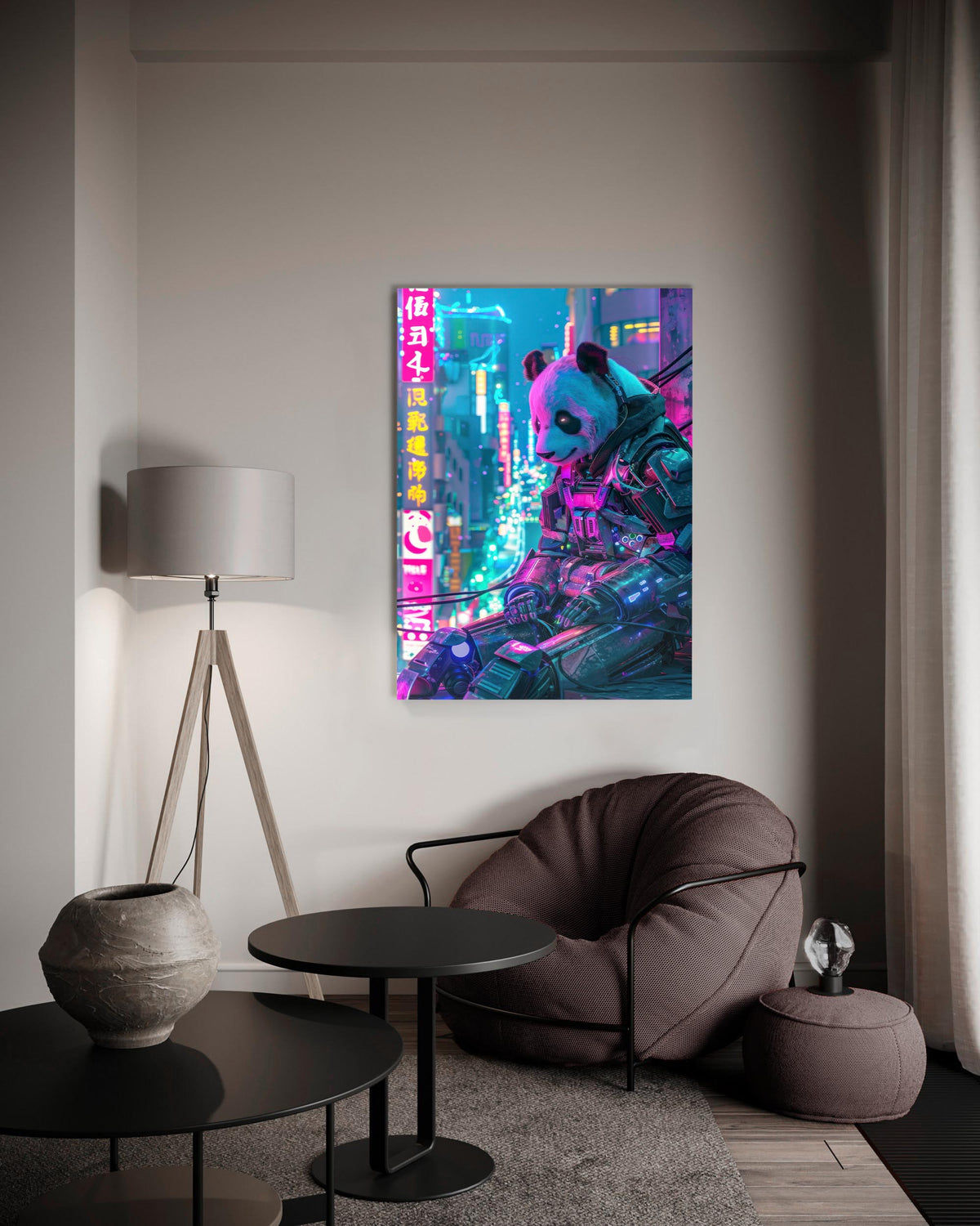 Cyberpunk Panda Mech Neon City Glass Wall Art on the wall