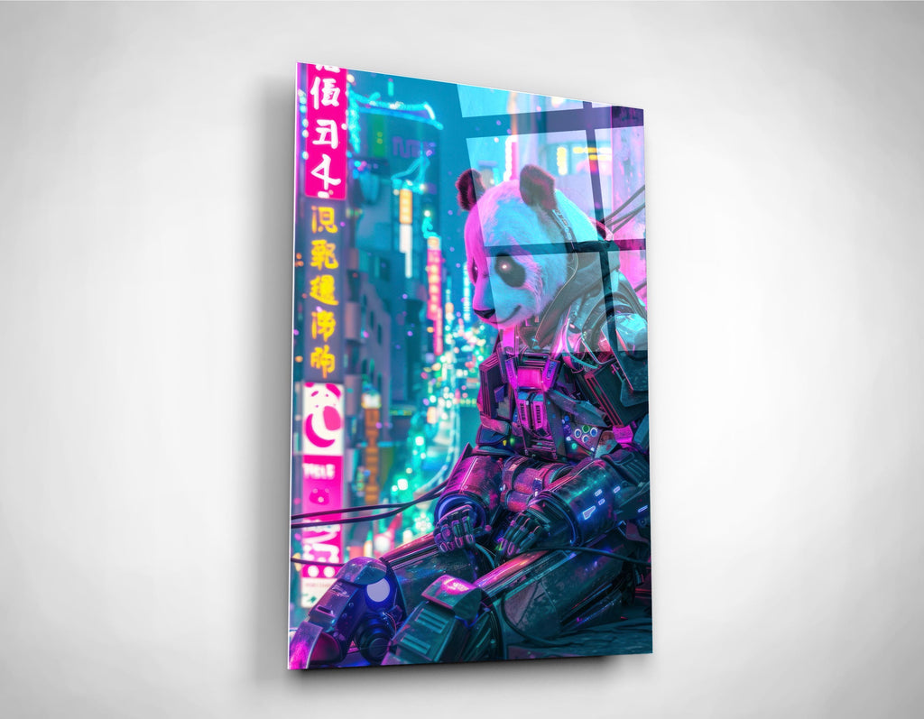 Cyberpunk Panda Mech Neon City Glass Wall Art close-up