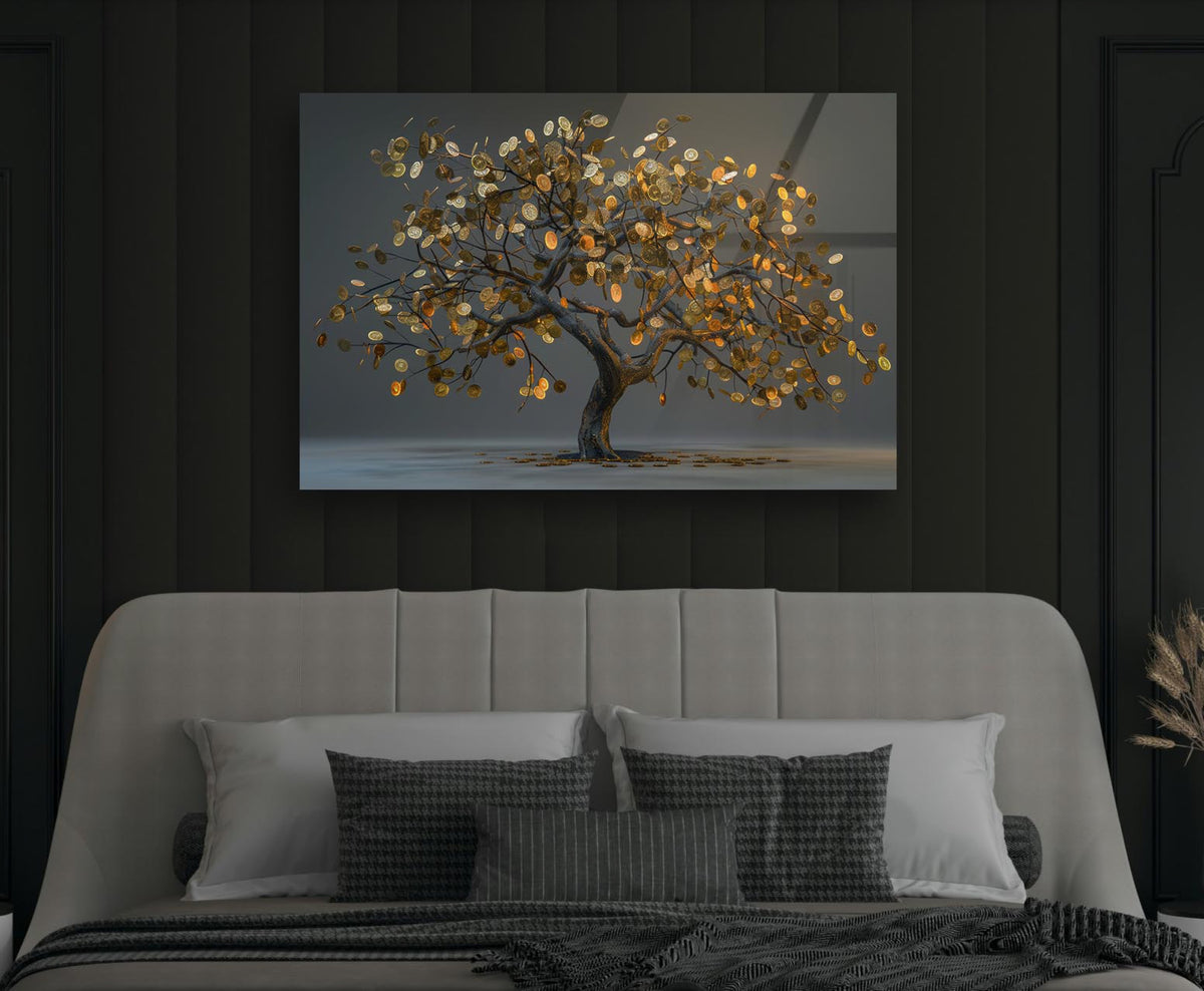 Golden Money Tree Glass Wall Art in a modern interior