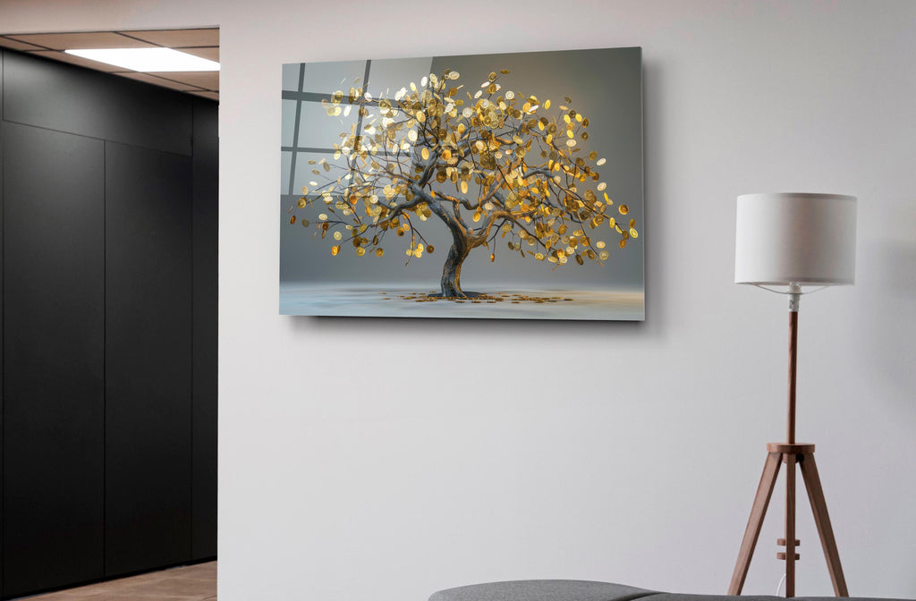 Golden Money Tree Glass Wall Art on the wall