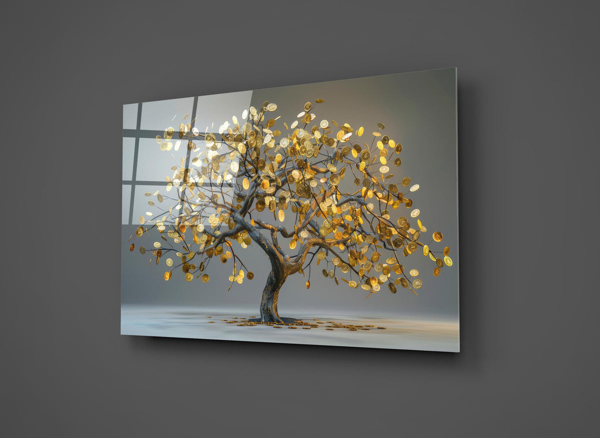Golden Money Tree Glass Wall Art close-up
