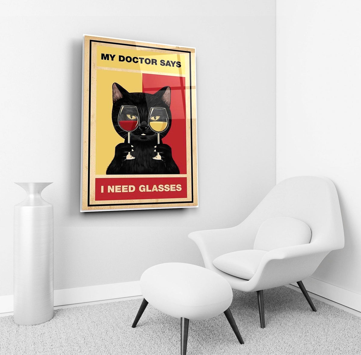 I Need Glasses wine cat glass wall art in a living room interior