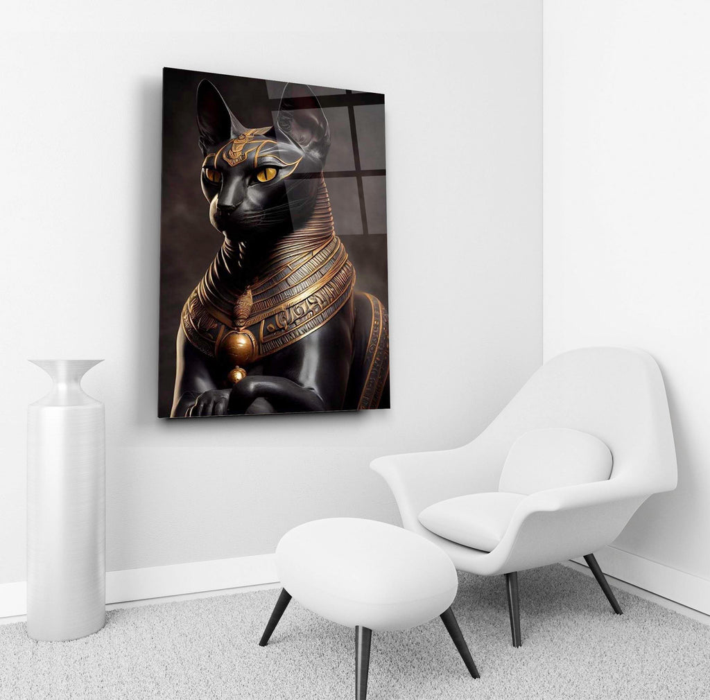 Egyptian Bastet black cat glass wall art in a living room interior