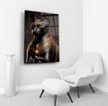 Egyptian Bastet black cat glass wall art in a living room interior