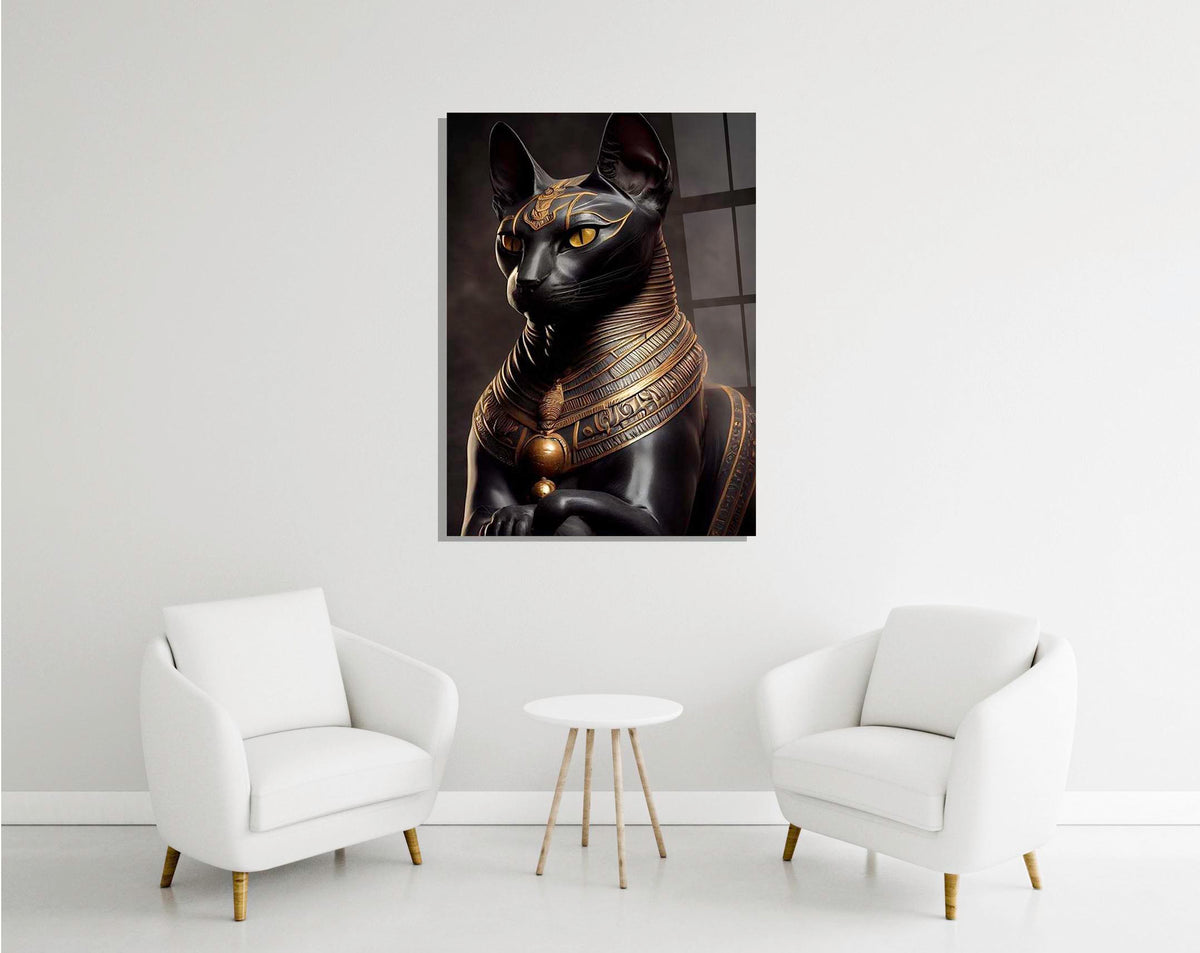 Egyptian Bastet black cat glass wall art in a modern interior