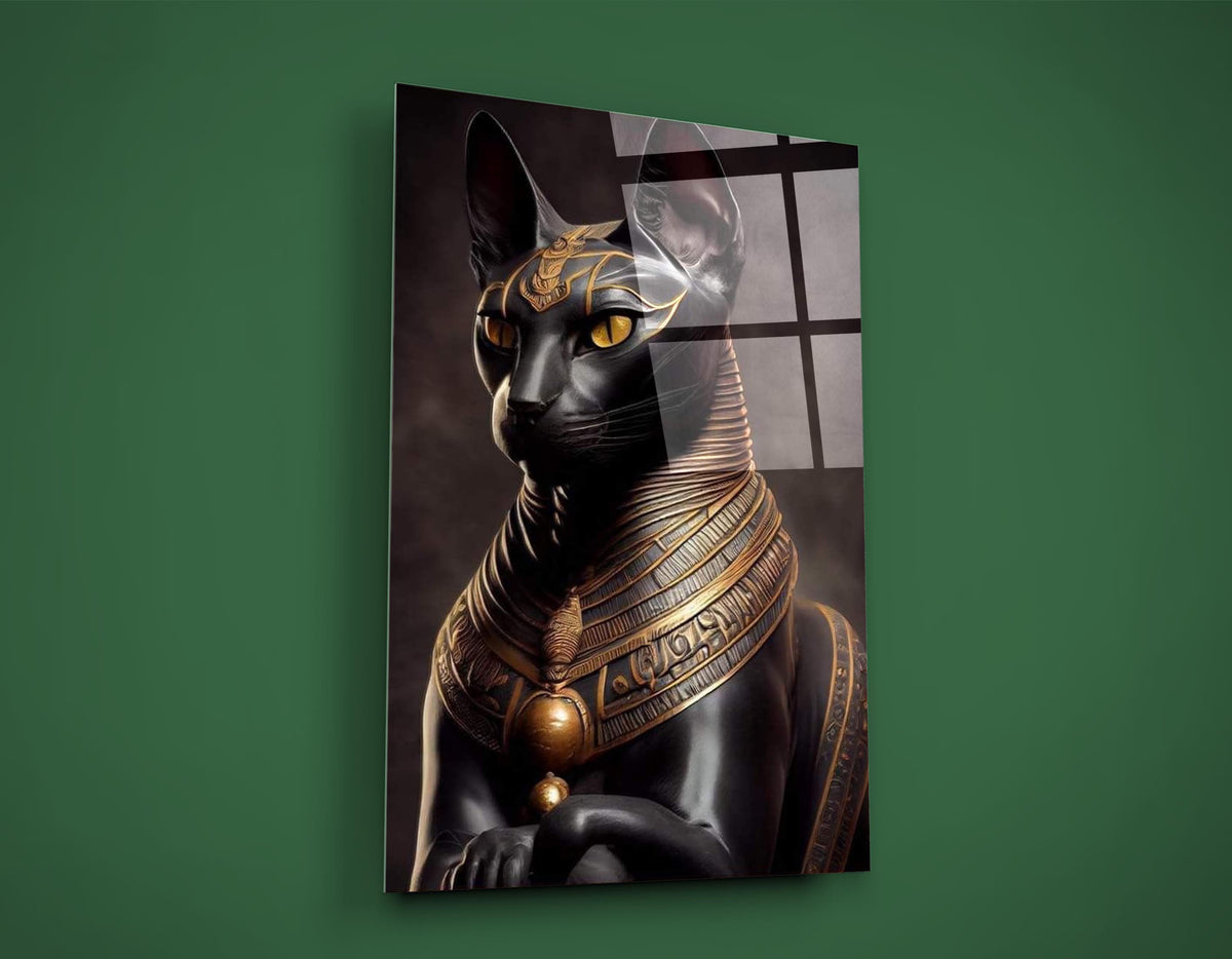 Egyptian Bastet black cat glass wall art on the wall