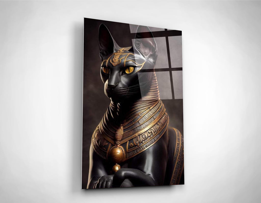 Egyptian Bastet black cat glass wall art close-up