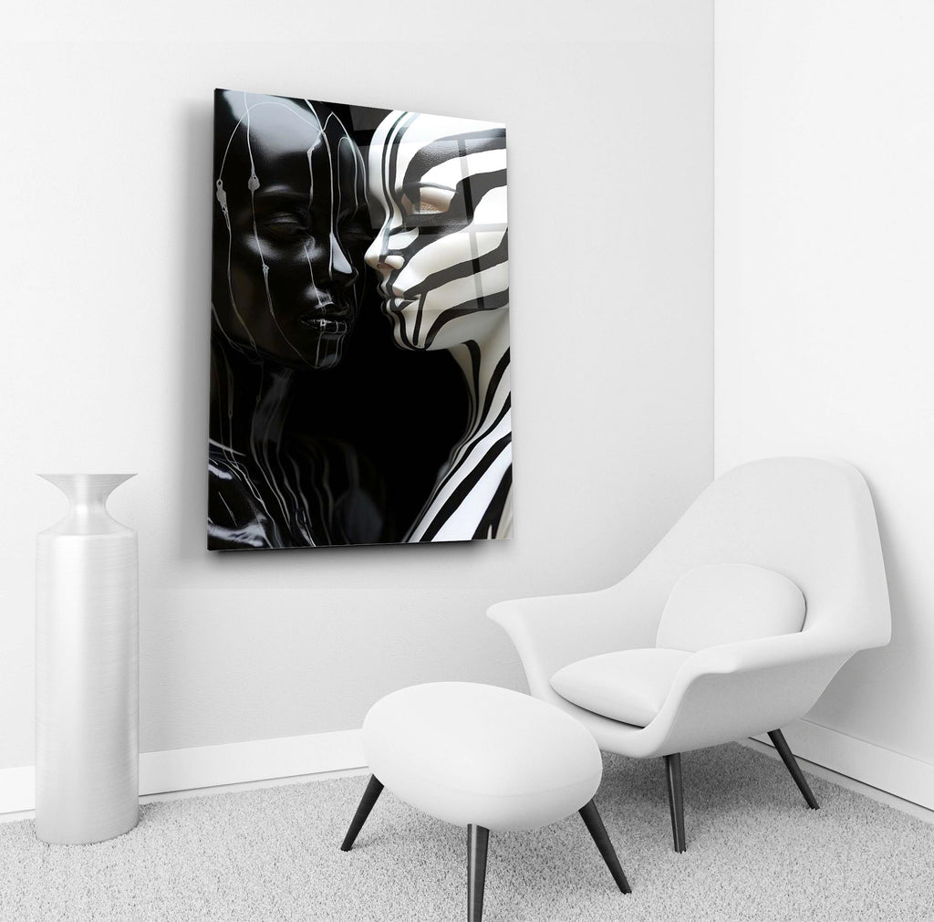 Black and white zebra faces glass wall art in a living room interior
