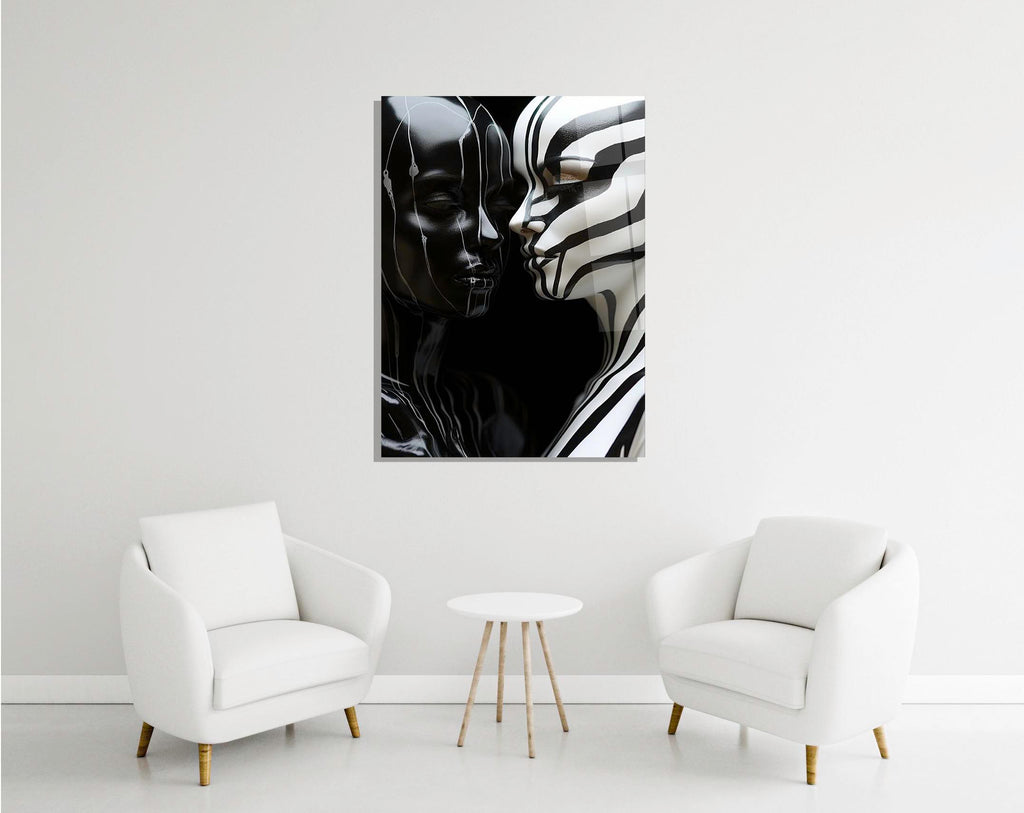 Black and white zebra faces glass wall art in a modern interior