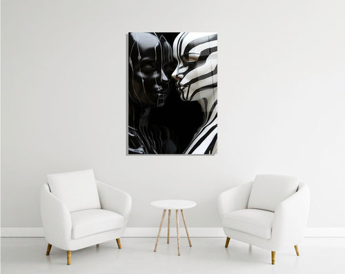 Black and white zebra faces glass wall art in a modern interior
