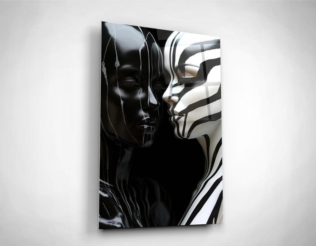 Black and white zebra faces glass wall art close-up