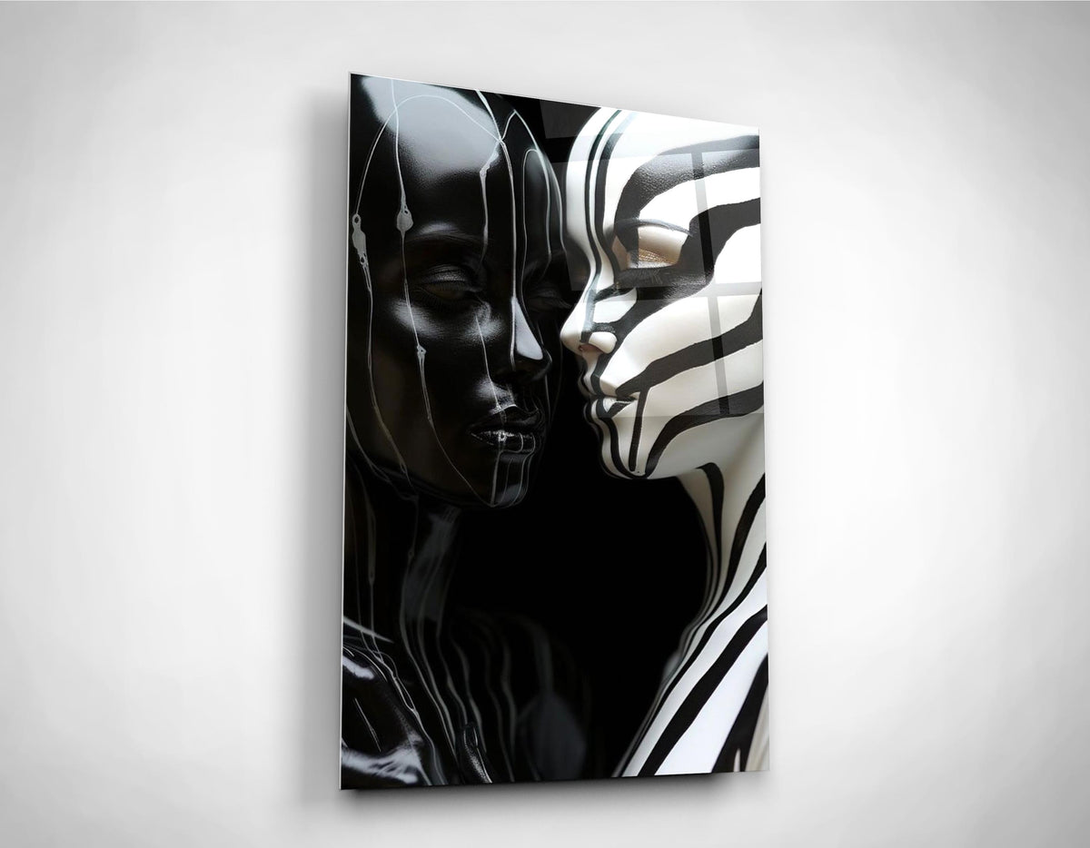 Black and white zebra faces glass wall art close-up