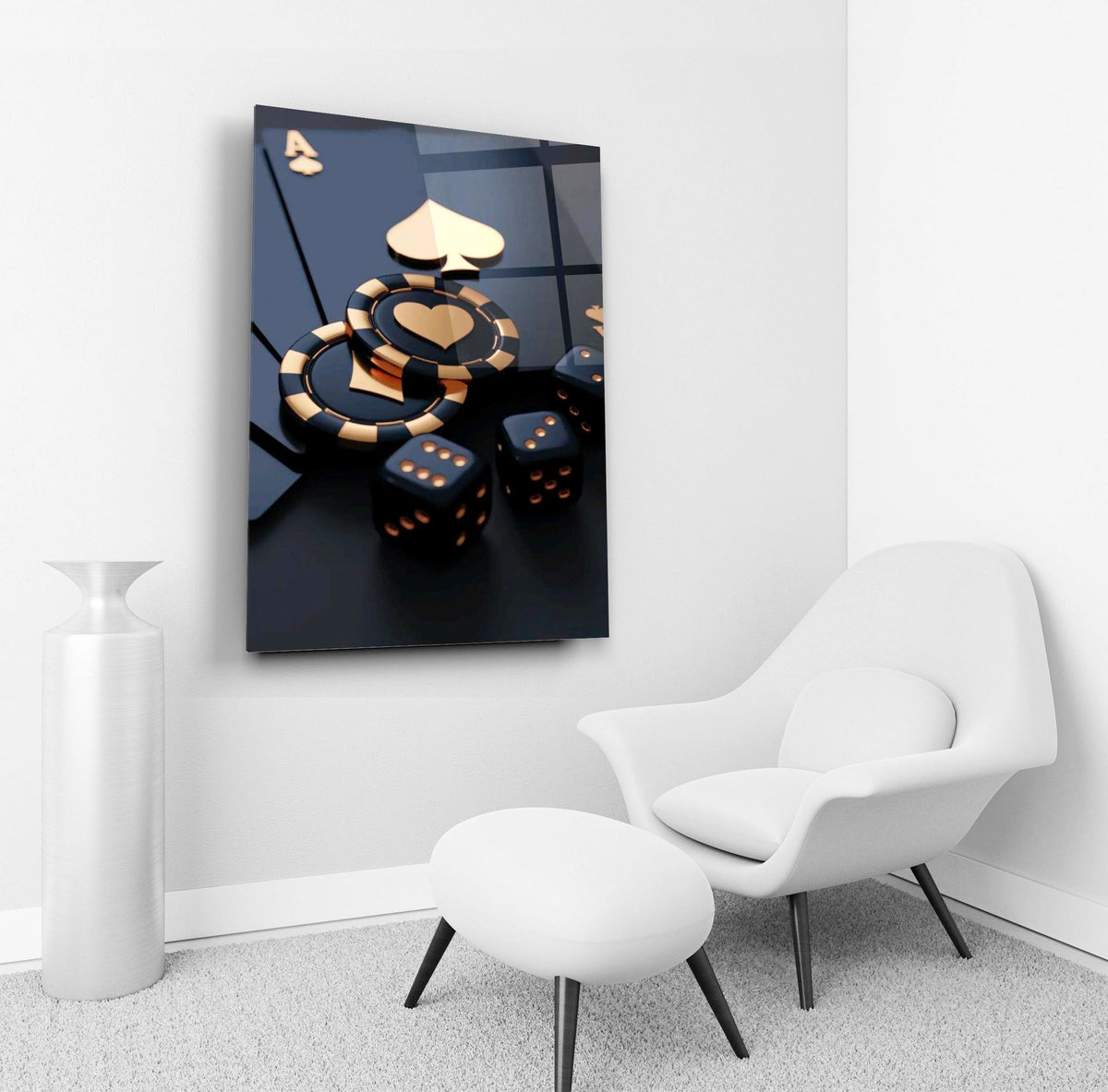 Gold poker chips and dice glass wall art in a living room interior