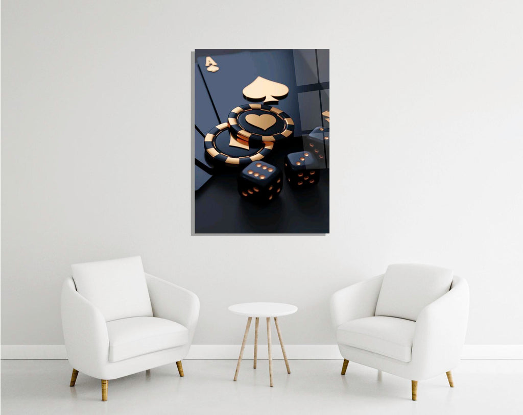 Gold poker chips and dice glass wall art in a modern interior