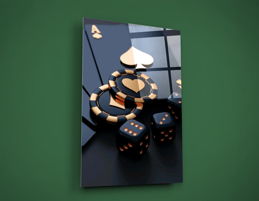 Gold poker chips and dice glass wall art on the wall