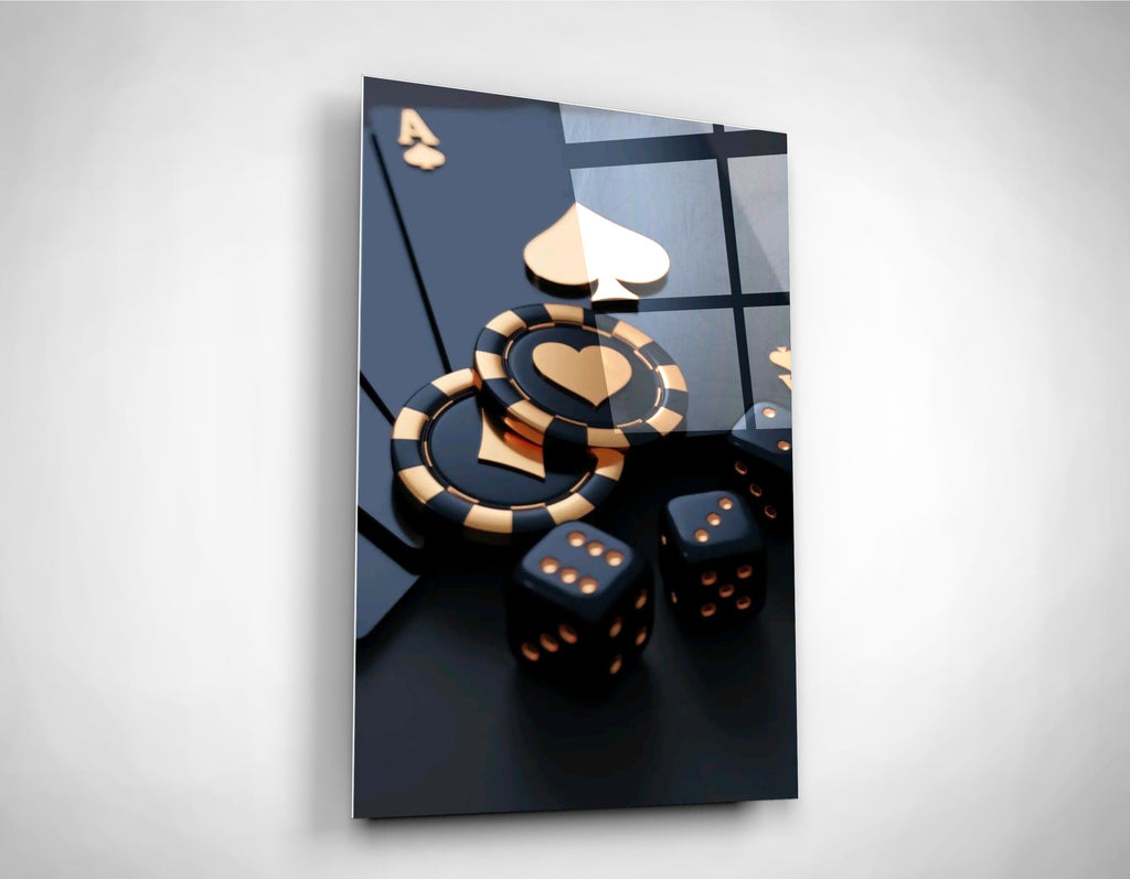 Gold poker chips and dice glass wall art close-up