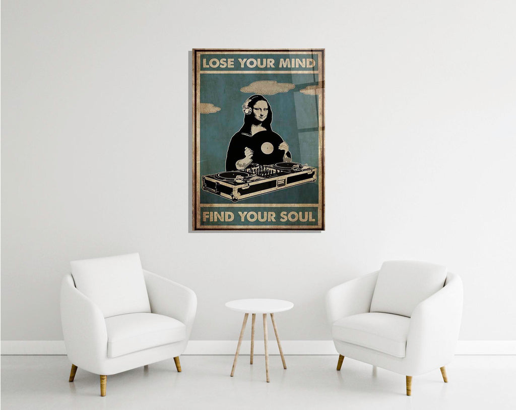 Mona Lisa DJ glass wall art in a modern interior