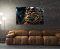 Steampunk Aviator Cat Portrait Glass Wall Art in a living room interior