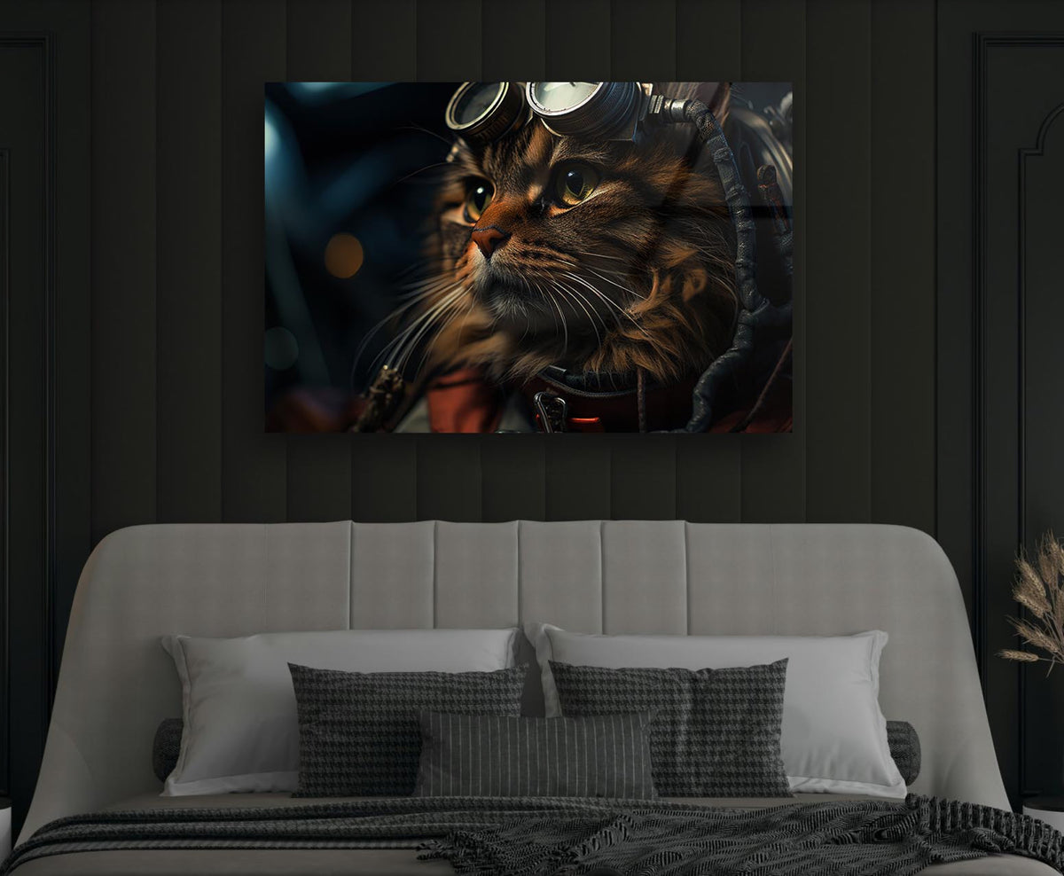 Steampunk Aviator Cat Portrait Glass Wall Art in a modern interior