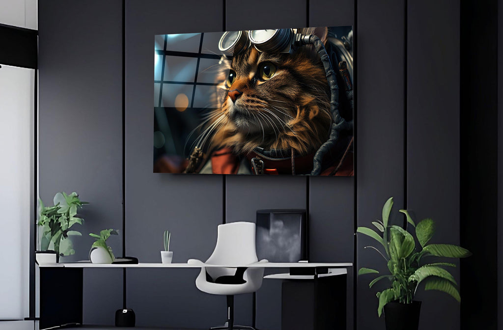 Steampunk Aviator Cat Portrait Glass Wall Art on the wall