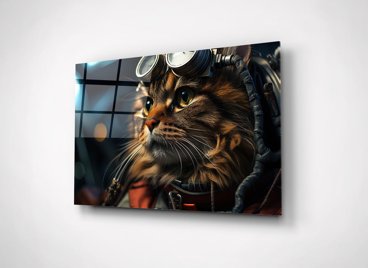 Steampunk Aviator Cat Portrait Glass Wall Art close-up