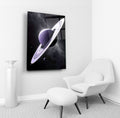 Lavender Saturn space glass wall art in a living room interior