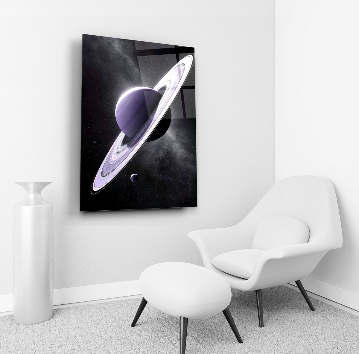 Lavender Saturn space glass wall art in a living room interior