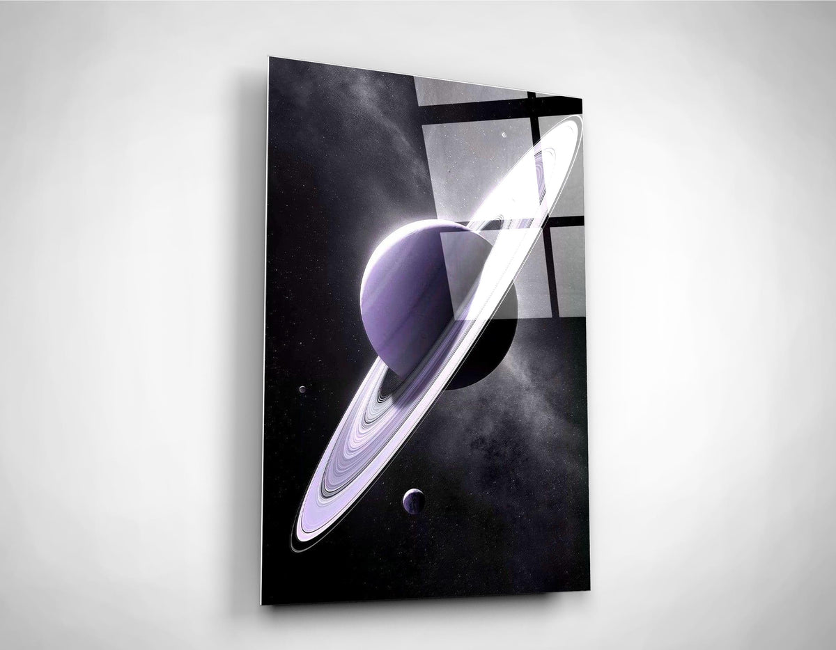 Lavender Saturn space glass wall art on the wall
