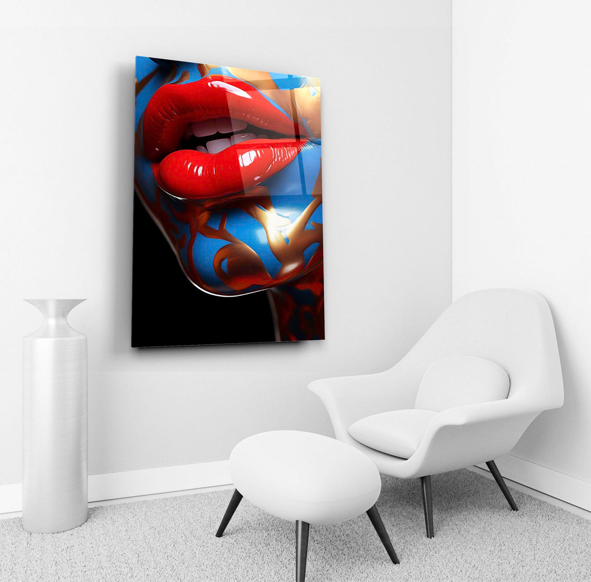 Red lips pop art glass wall art in a living room interior