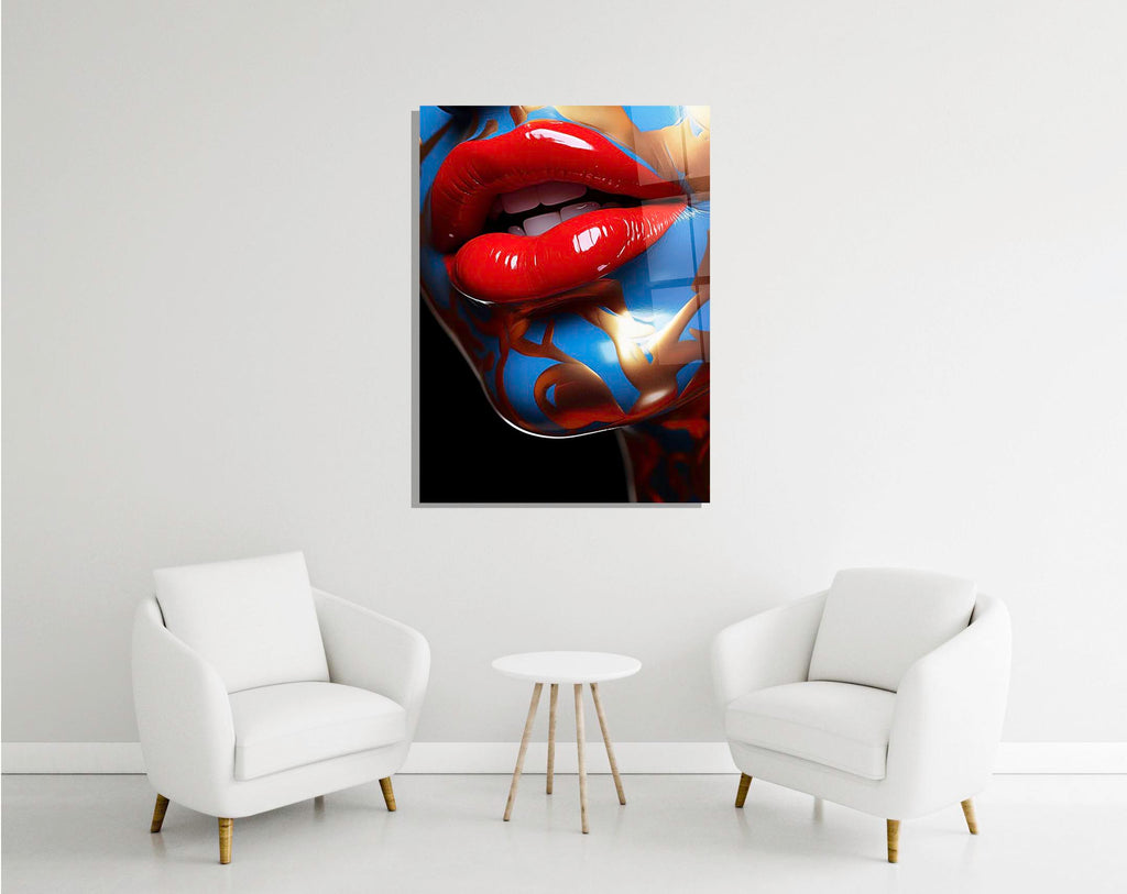 Red lips pop art glass wall art in a modern interior