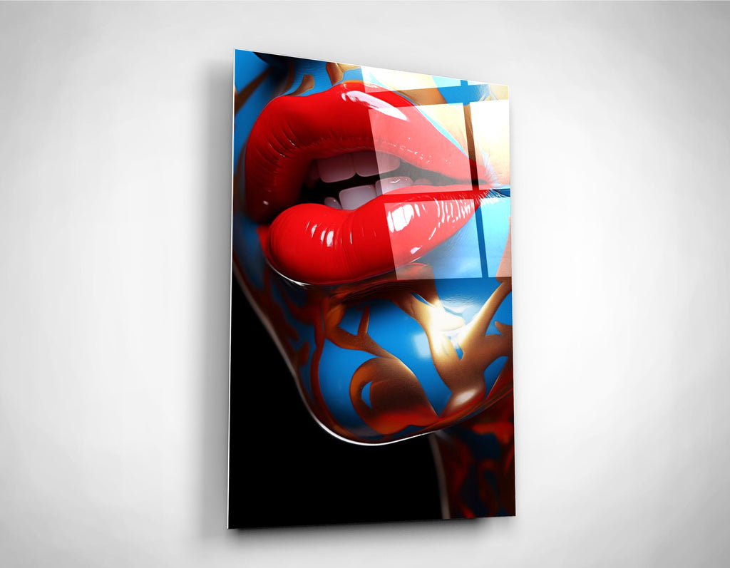 Red lips pop art glass wall art close-up